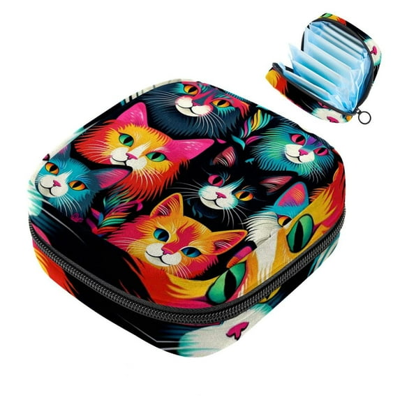 Sanitary Napkin Storage Bag, Zipper Menstrual Cup Pouch Feminine Menstruation First Period Pads Holder for Girls Women Ladies, Cat
