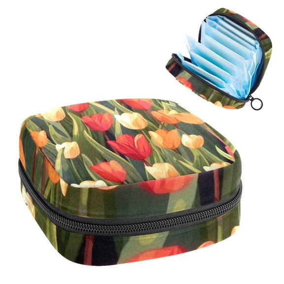 Sanitary Napkin Storage Bag for Girls Women, Portable First Period Pads Bag Tampons Holder Girls Travel Makeup Bag, Large Capacity Tulips Seamless