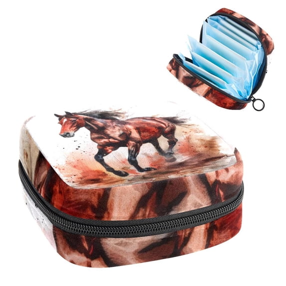 Sanitary Napkin Storage Bag for Girls Women, Portable First Period Pads Bag Tampons Holder Girls Travel Makeup Bag, Large Capacity Watercolor Horse