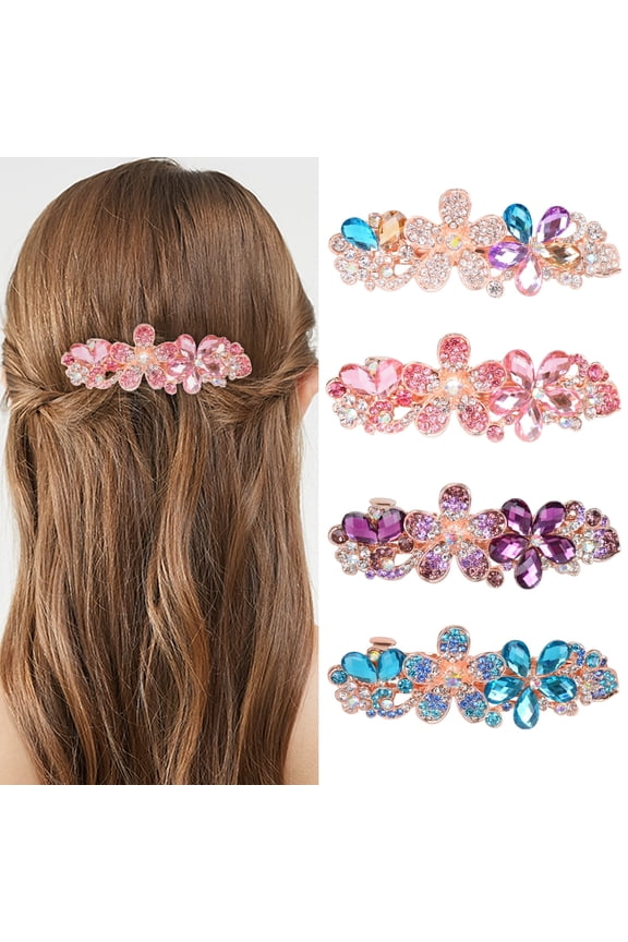 4 PCS Hair Barrettes for Women Flower Crystal Rhinestones Hair Barrettes Hair Clips Luxury Jewelry Spring French Hair Clips for Women Girls Hair Styling Accessories