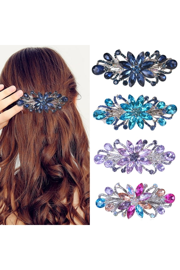 4 Pcs Hair Barrettes for Women Ladies Flower Crystal Rhinestones Hair Clip Accessories Women Fashion Ponytail Holders Barrettes for Daily Wear Mothers Day Gifts