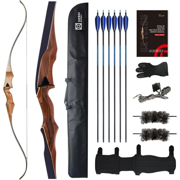 Sanlida Archery 60" Royal X8 One-Piece Bow Traditional Wooden Hunting Bow Handmade Hunting Bow and Arrows Kit for Adults & Traditional Archers, RH Only (35lbs, Dark Wood)