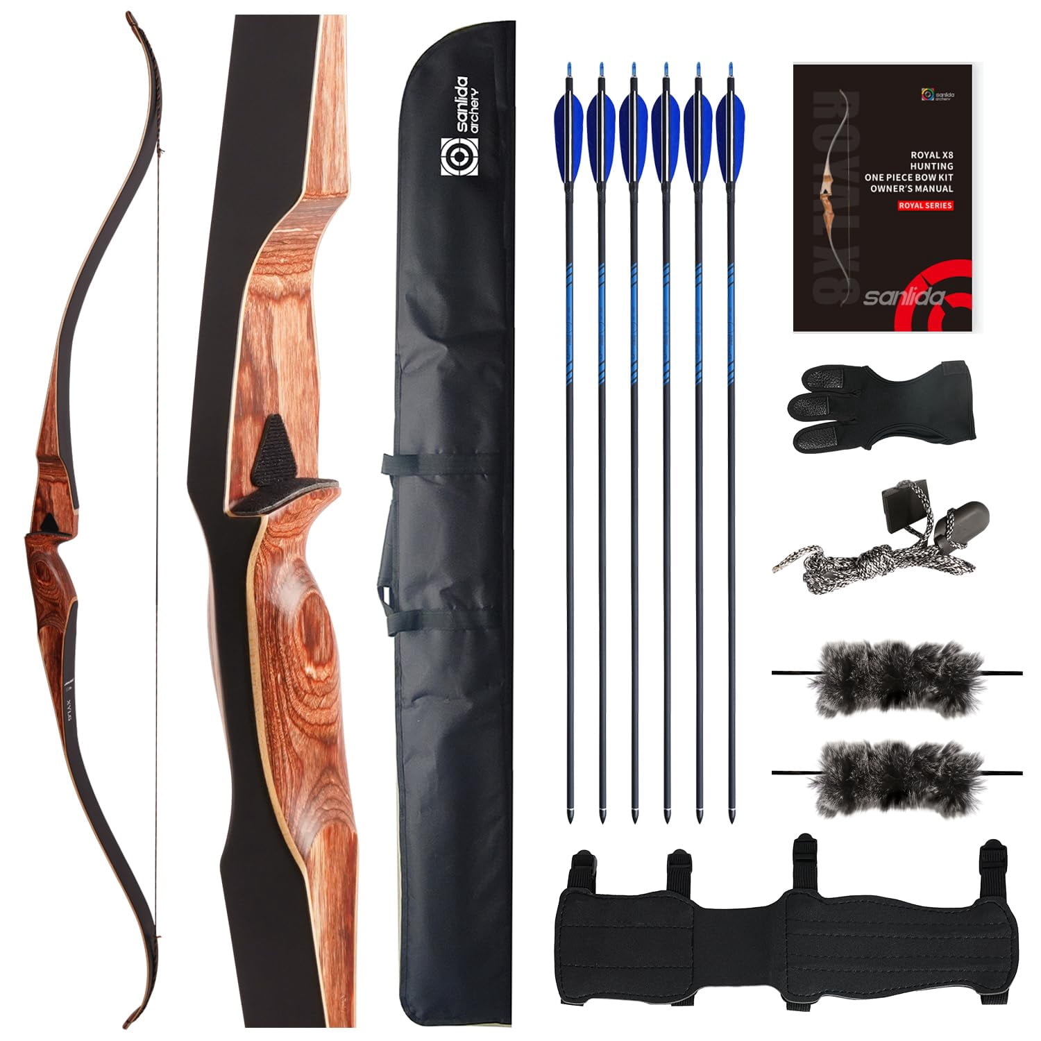 Sanlida Archery 60" Royal X8 One-Piece Bow Traditional Wooden Hunting Bow Handmade Hunting Bow and Arrows Kit for Adults & Traditional Archers, RH Only (40lbs, Red Wood)