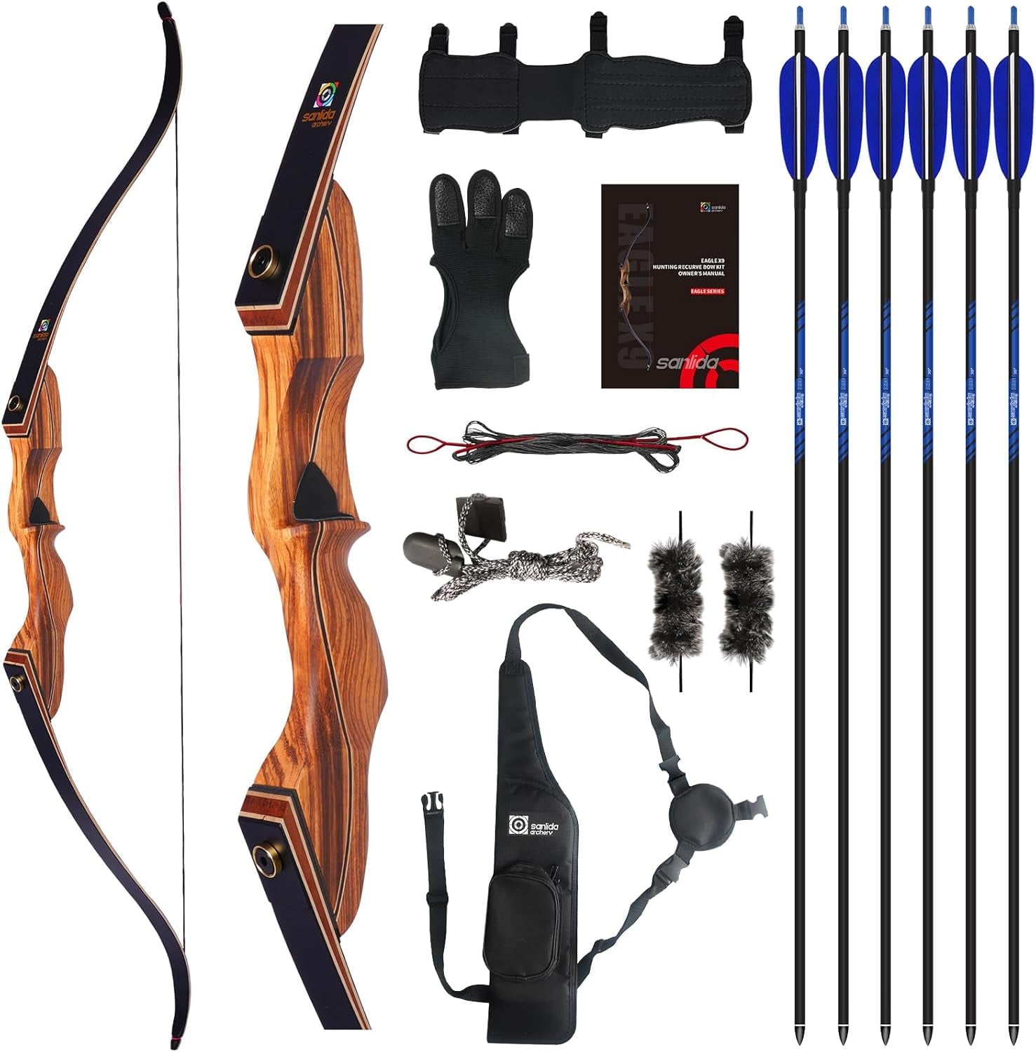 Sanlida Eagle X9 New 58” RTH Standard Hunting Recurve Bow and Arrow Set for Adults and Hunters, Wooden Takedown Recurve Bows Package for Outdoor, Hunting and Practice (45 Lbs, Right Hand)