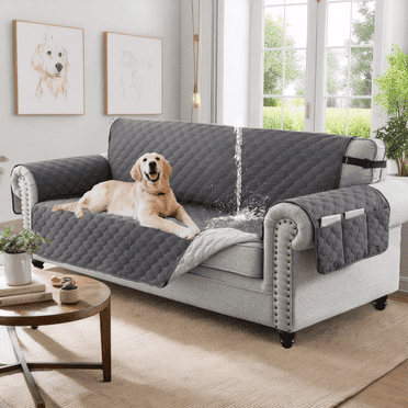 Sanmadrola 100% Waterproof Couch Covers Non-Slip Sofa Cover with Elastic Straps&Silicone Backing&Pocket Washable Furniture Protector Slipcovers for Kids Pets Dogs, Gray, Loveseat
