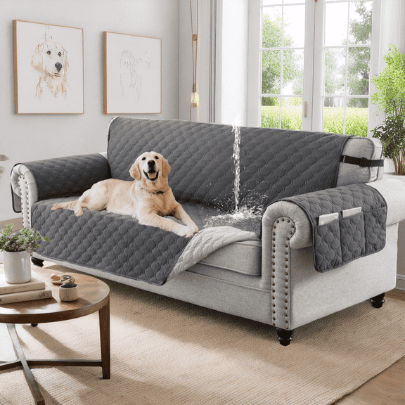 Sanmadrola Sofa Cover 100% Waterproof Couch Slipcovers Washable Non-Slip Furniture Protector with Pockets/Elastic Straps/Silicone Backing for Kids Pets Dogs, Gray, Oversized Sofa