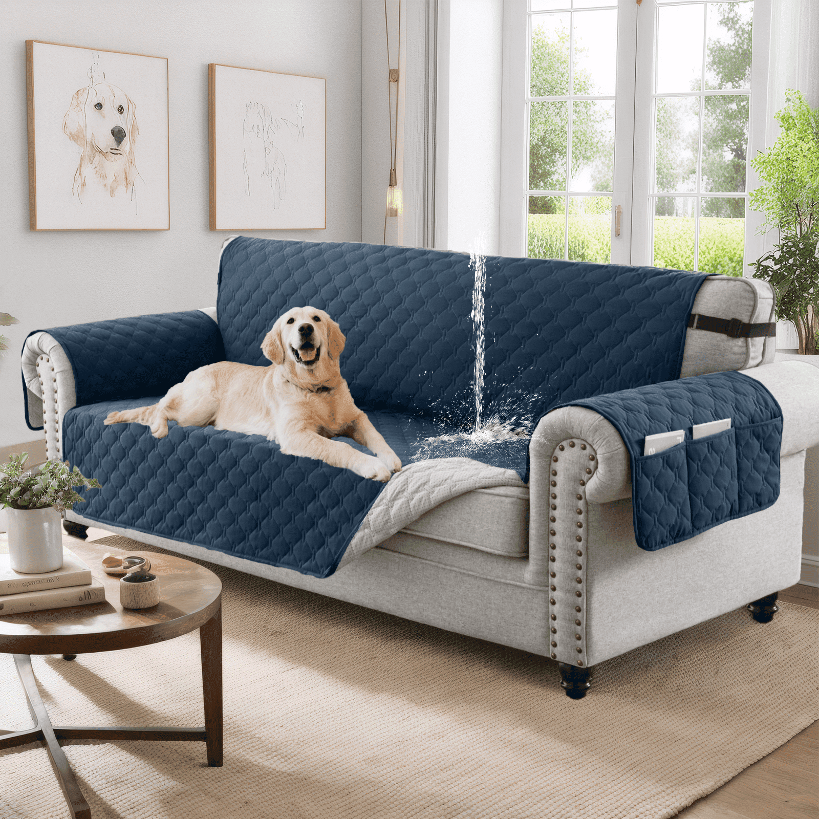 Sanmadrola Sofa Cover 100% Waterproof Couch Slipcovers Washable Non-Slip Furniture Protector with Pockets/Elastic Straps/Silicone Backing for Kids Pets Dogs, Aegean Blue, Oversized Sofa