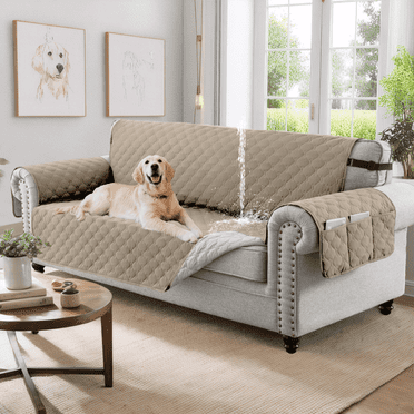 Sanmadrola 100% Waterproof Couch Covers Non-Slip Sofa Cover with Elastic Straps&Silicone Backing&Pocket Washable Furniture Protector Slipcovers for Kids Pets Dogs, Khaki, Sofa