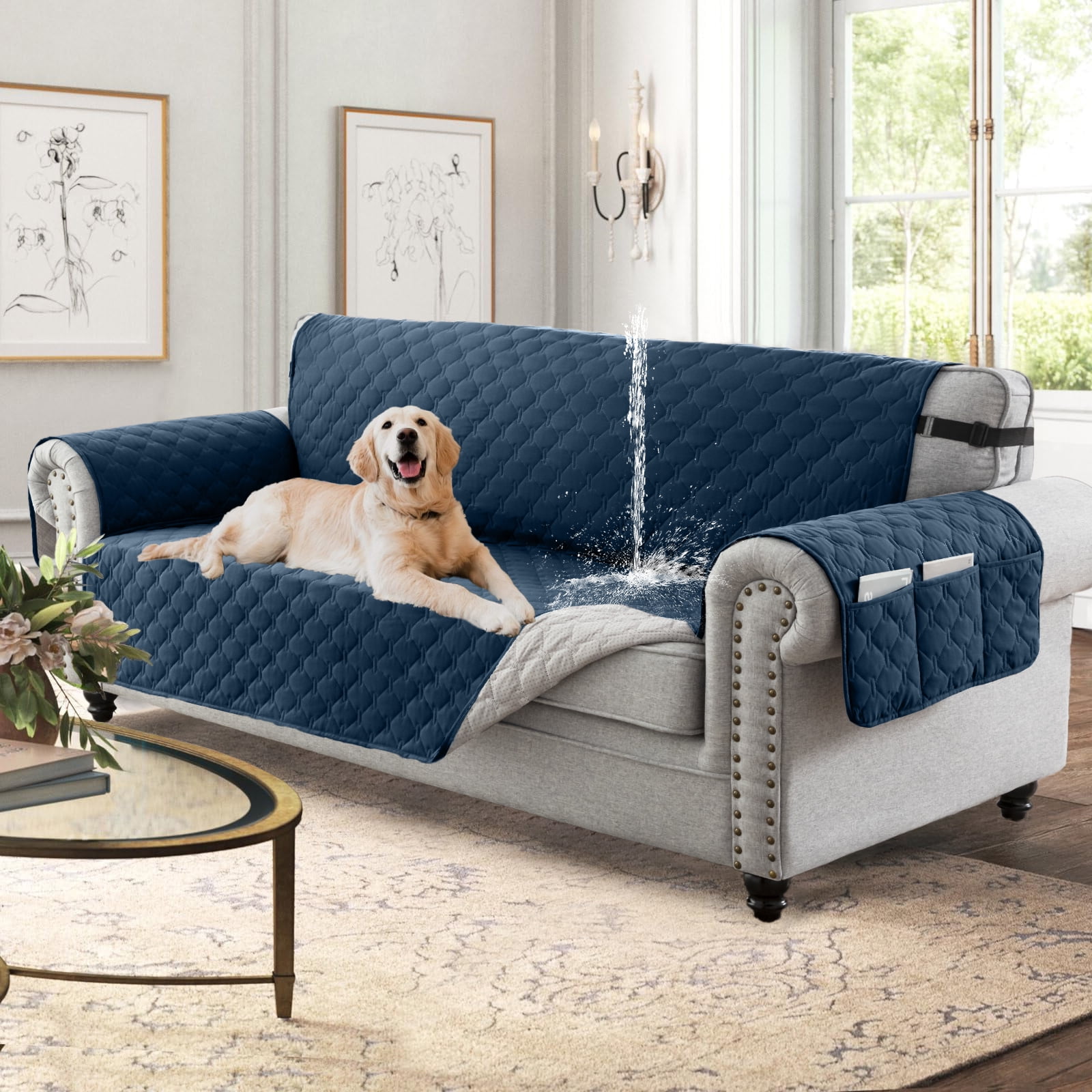 Sanmadrola 100 Waterproof Couch Covers NonSlip Sofa Cover with Elastic Straps&Silicone Backing