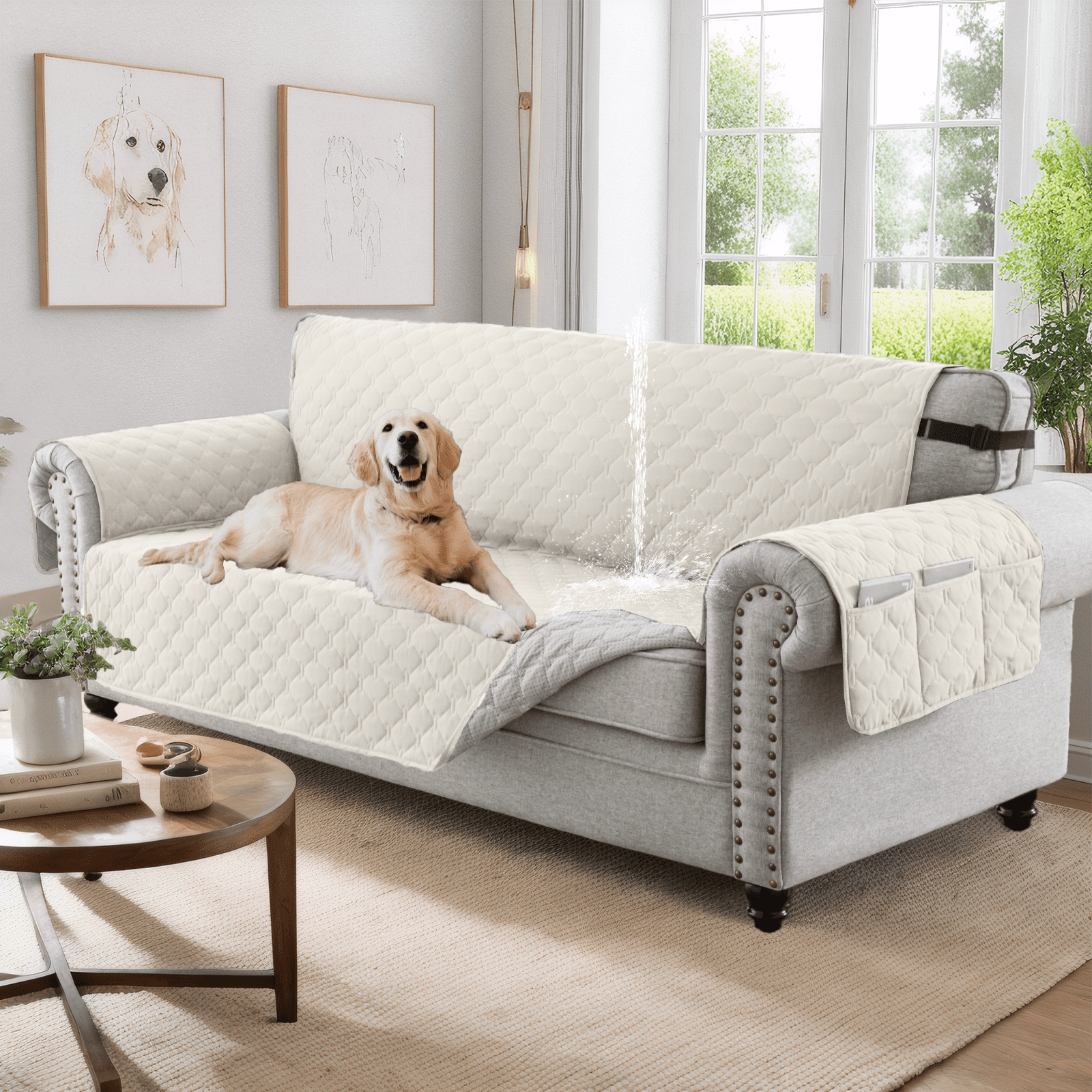 Sanmadrola Sofa Cover 100% Waterproof Couch Slipcovers Washable Non-Slip Furniture Protector with Pockets/Elastic Straps/Silicone Backing for Kids Pets Dogs, Beige, Sofa