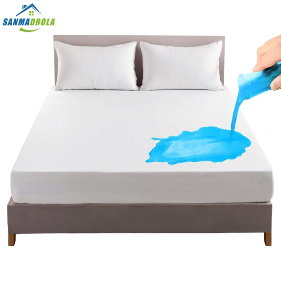 Sanmadrola 100% Waterproof Mattress Protector Fitted Premium Bed Cover Breathable Machine Washable Mattress Pad Cover, Five-Sides TPU Membrane Layer Waterproof, 12'' Deep Pocket, White, King