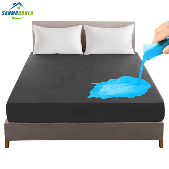 Sanmadrola 100% Waterproof Mattress Protector Fitted Premium Bed Cover Breathable Machine Washable Mattress Pad Cover, Five-Sides TPU Membrane Layer Waterproof, 12'' Deep Pocket, Black, Queen