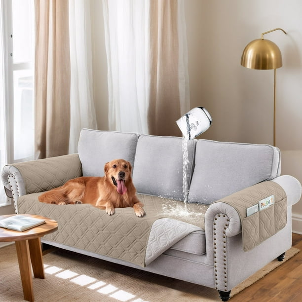 Sanmadrola 100 Waterproof Sofa Anti Slip Couch Covers Machine Washable Furniture Covers Leakproof Sofa Slipcover for Dogs Children Pets Khaki