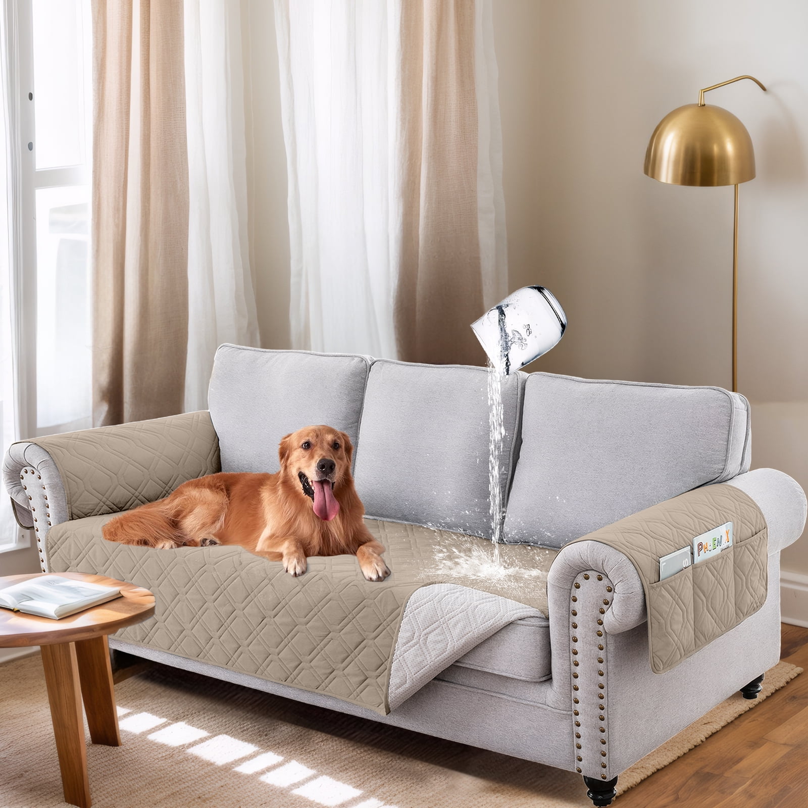 Sanmadrola 100 Waterproof Sofa Anti Slip Couch Covers Machine Washable Furniture Covers Leakproof Sofa Slipcover for Dogs Children Pets Khaki