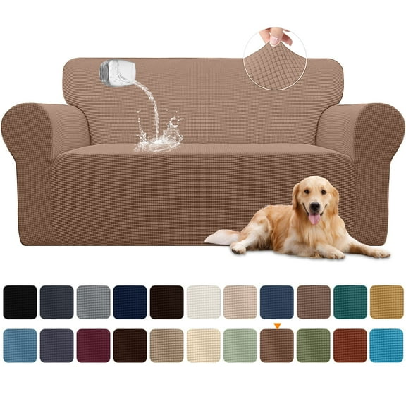Sanmadrola 100% Waterproof Sofa Cover Non Slip Couch Cover Stretch Slipcover Leakproof Couch Protector for Kids Dogs Cats Pets, Light Coffee, Loveseat