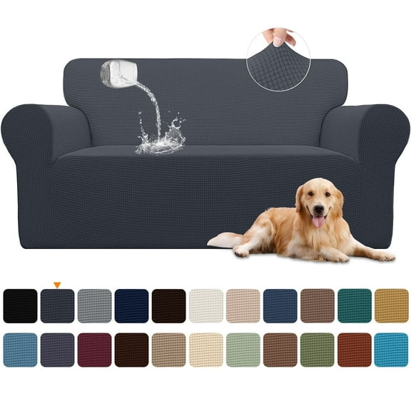Sanmadrola 100% Waterproof Sofa Cover Non Slip Couch Cover Stretch Slipcover Leakproof Couch Protector for Kids Dogs Cats Pets, Dark Gray, Loveseat