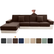 Sanmadrola Waterproof Couch Cushion Cover for Sectional Sofa,Slipcover Stain Resistant High Elasticity Wear-Resistant Striped Sofa Cover,Brown 3 Piece Set +1 Chaise for Furniture, Children, Pets