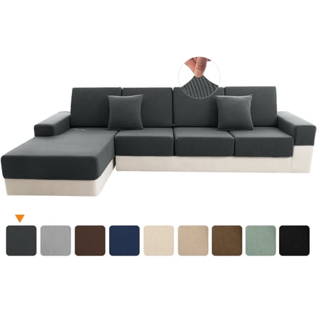Sanmadrola Waterproof Couch Cushion Cover for Sectional Sofa,Stain Resistant High Elasticity Wear-Resistant Striped Slipcover, Dark Grey 3 Piece Set +1 Chaise for Furniture, Children, Pets