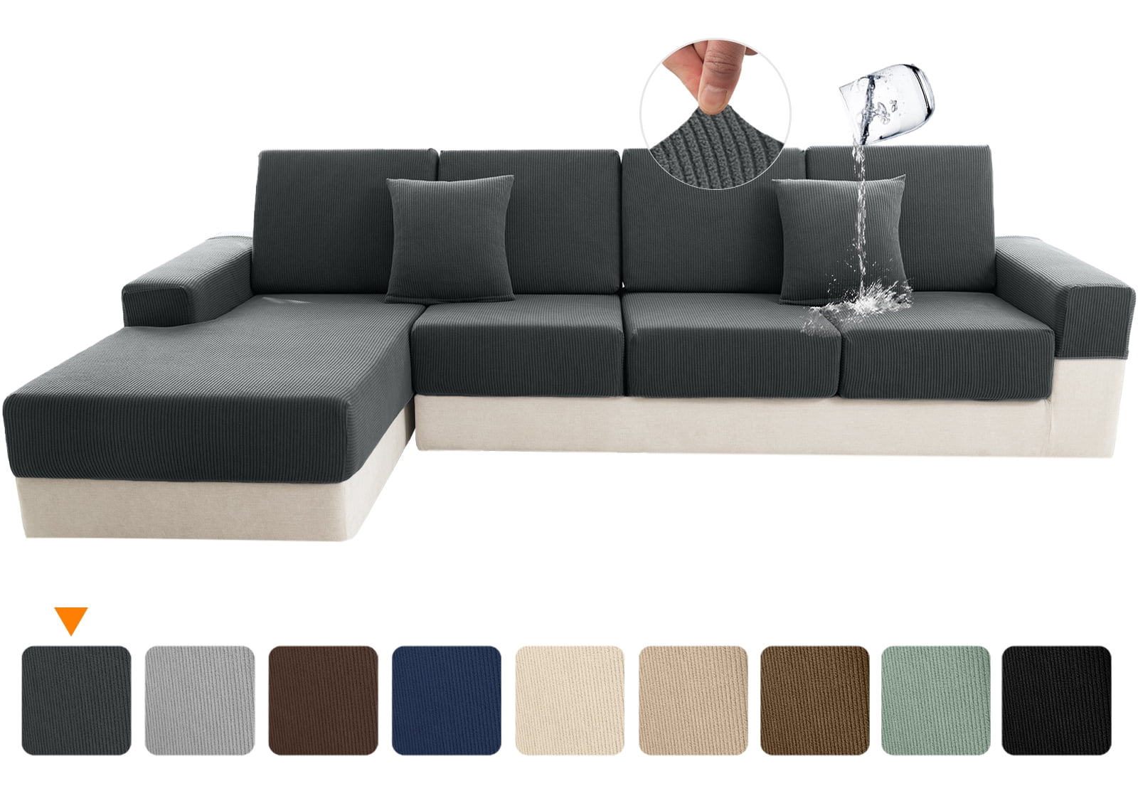 Sanmadrola Waterproof Couch Cushion Cover for Sectional Sofa,Slipcover Stain Resistant High Elasticity Wear-Resistant Striped Sofa Cover,Dark Grey Back Couch Cover S for Furniture, Children, Pets
