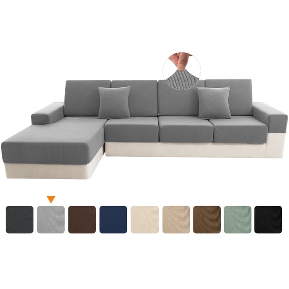Sanmadrola Waterproof Couch Cushion Cover for Sectional Sofa,Stain Resistant High Elasticity Wear-Resistant Striped Slipcover, Light Grey 3 Piece Set +1 Chaise for Furniture, Children, Pets
