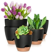 Sanmadrola Planters for Outdoor Plants Flower Pots Set of 5 Self Watering Plant Pots with Drainage Holes and Saucers 7/6.5/6/5.5/5 Inches Plastic Flower Pots for Indoor Outdoor Plants, Black
