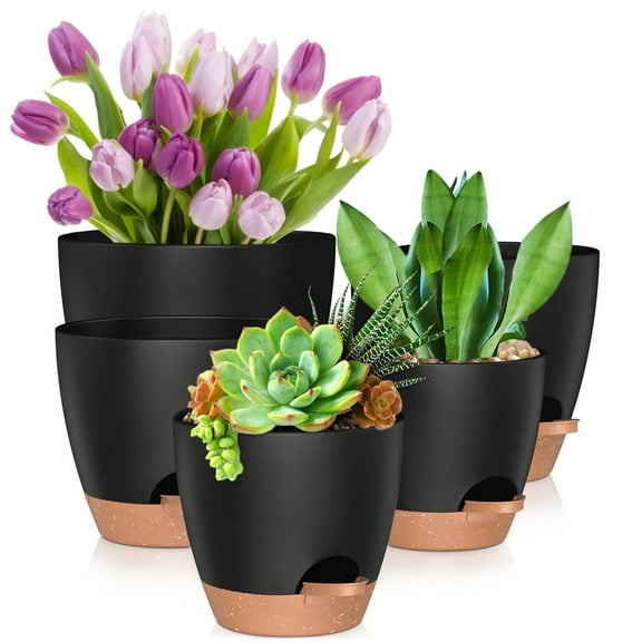 Sanmadrola Planters for Outdoor Plants Flower Pots Set of 5 Self Watering Plant Pots with Drainage Holes and Saucers 7/6.5/6/5.5/5 Inches Plastic Flower Pots for Indoor Outdoor Plants, Black