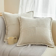 Sanmadrola 2-Pack Corduroy Pillow Covers 18x18 Inch - Boho Striped Decorative Throw Pillow Cases for Couch, Sofa, Bed, Farmhouse & Christmas Living Room Decor