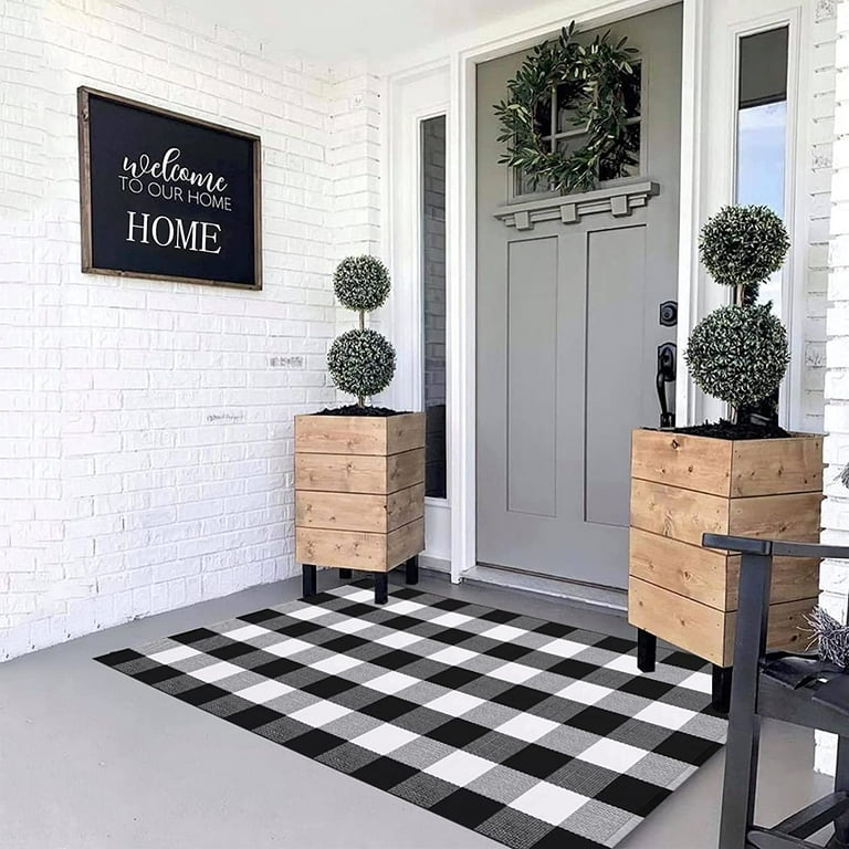 Black and White Outdoor Rug 3'x 5' Front Porch Rug Cotton Hand-Woven  Striped Rug Machine Washable Indoor/Outdoor Rug Front Door Floor Mat for