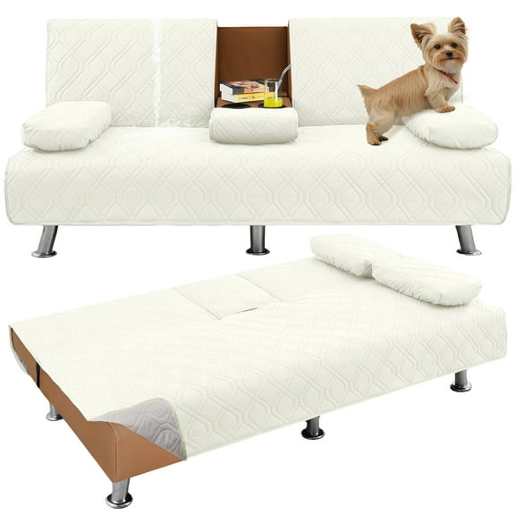 Sanmadrola 4-Piece Waterproof Futon Couch Covers Sofa Bed Cover Anti-Slip Furniture Protector with Removable Armrests Covers and Cup Holders Cover, Quilted Convertible Folding Slipcover, Ivory White