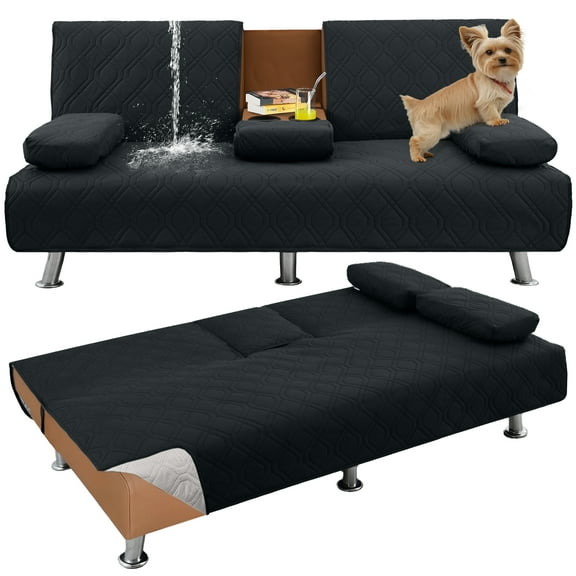 Sanmadrola 4-Piece Waterproof Futon Couch Covers Sofa Bed Cover Anti-Slip Furniture Protector, Removable Armrests Covers ,Cup Holders Cover, Quilted Convertible Folding Slipcover, Black - Cover only