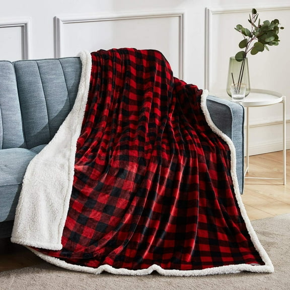 Sanmadrola 50''x60'' Throw Blanket for Couch Buffalo Plaid Sherpa Blanket Throw Fuzzy Red Black Checkered Flannel Fleece Blanket for Couch Bed Fluffy Warm Soft Christmas Plush Microfiber Blanket