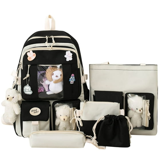 Sanmadrola 5PCS School Backpacks Cute Plush Bear Backpack Set with Pendants and Pins Accessories Kawaii Laptop Bag School Bags, Black