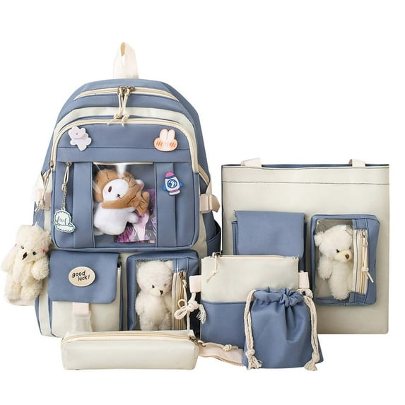 Sanmadrola 5PCS School Backpacks Cute Plush Bear Backpack Set with Pendants and Pins Accessories Kawaii Laptop Bag School Bags, Blue
