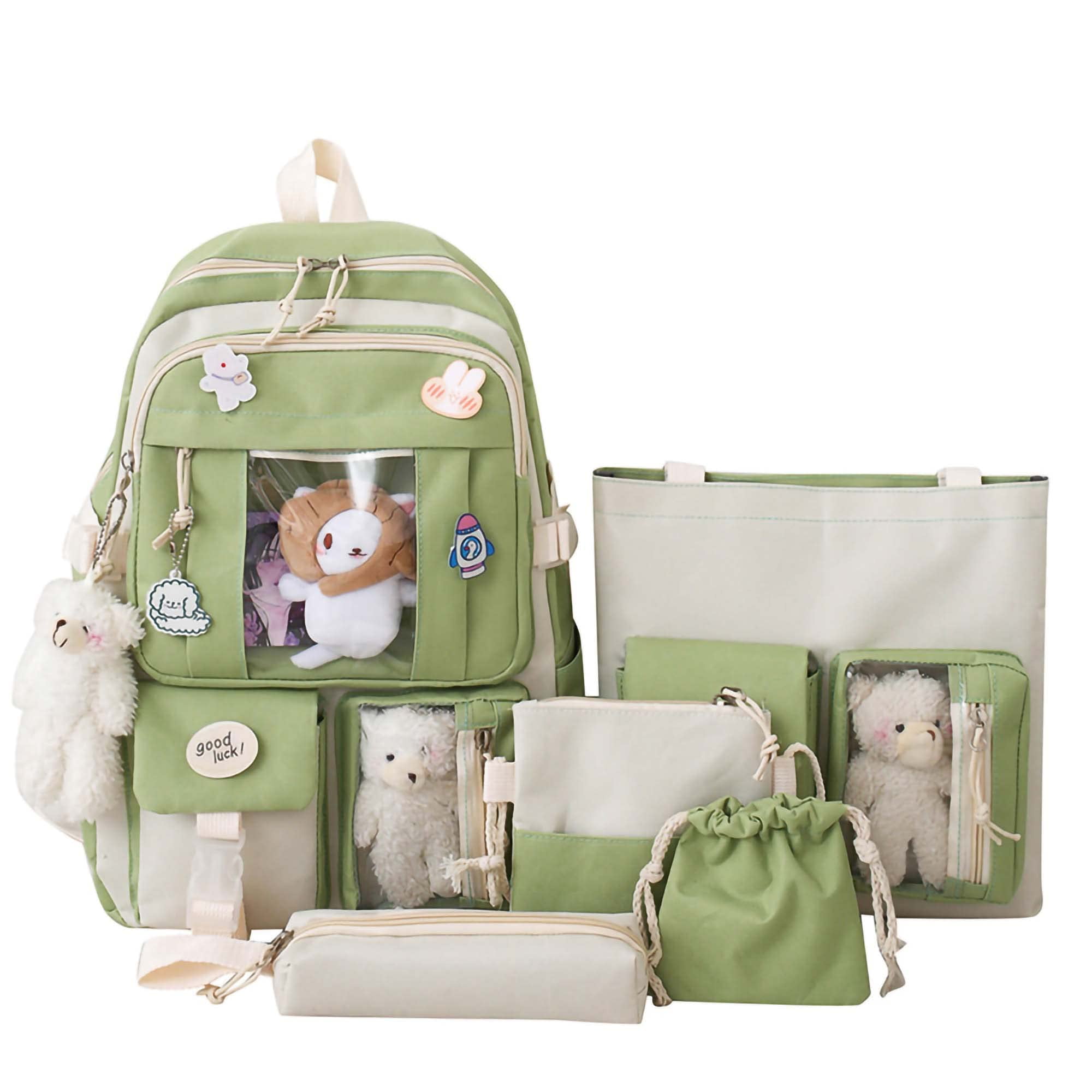 Sanmadrola 5PCS School Backpacks Cute Plush Bear Backpack Set with Pendants and Pins Accessories Kawaii Laptop Bag School Bags, Green