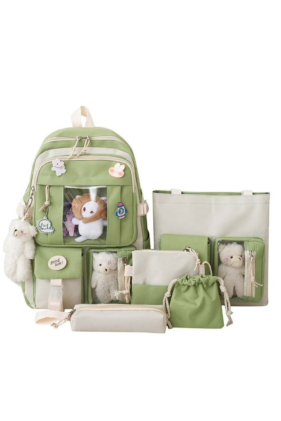 5PCS School Backpacks Cute Plush Bear Backpack Set with Pendants and Pins Accessories Kawaii Laptop Bag School Bags, Green