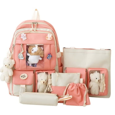 Sanmadrola 5PCS School Backpacks Cute Plush Bear Backpack Set with Pendants and Pins Accessories Kawaii Laptop Bag School Bags, Pink