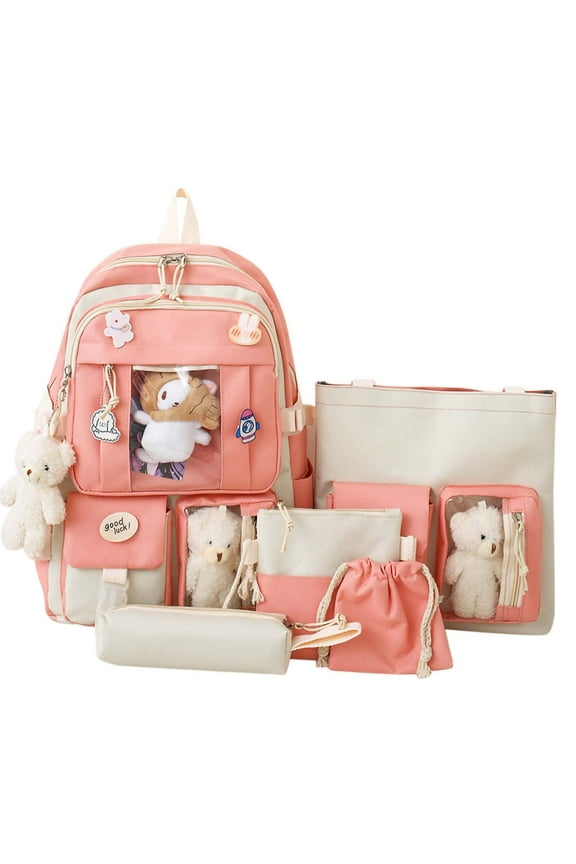 5PCS School Backpacks Cute Plush Bear Backpack Set with Pendants and Pins Accessories Kawaii Laptop Bag School Bags, Pink