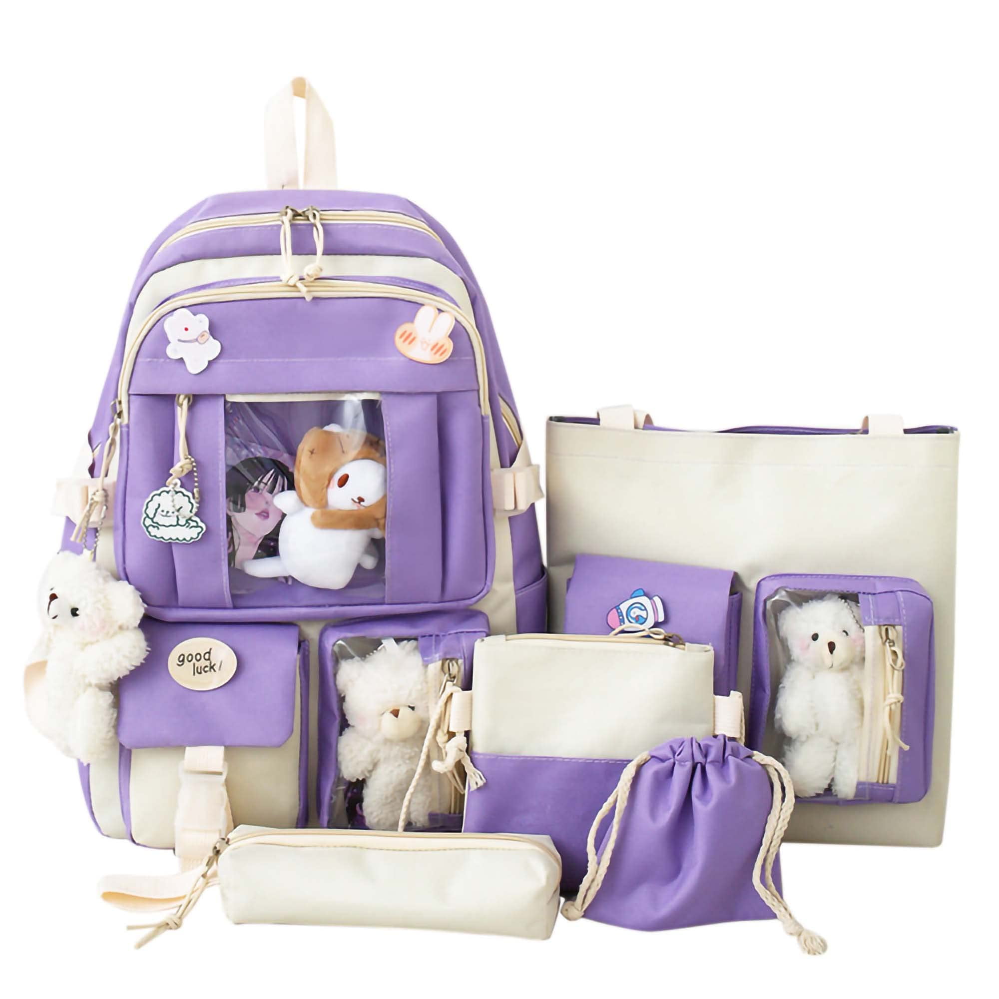 Sanmadrola 5PCS School Backpacks Cute Plush Bear Backpack Set with Pendants and Pins Accessories Kawaii Laptop Bag School Bags, Purple