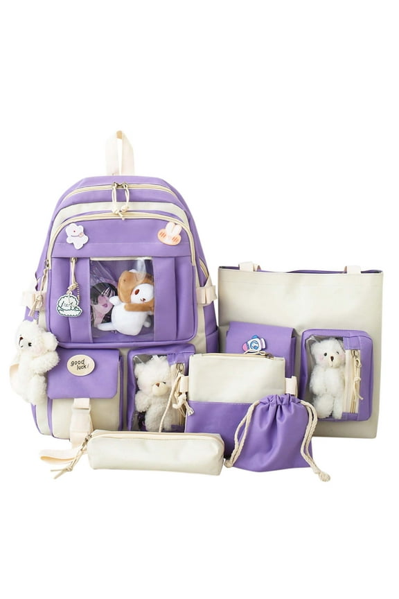 5PCS School Backpacks Cute Plush Bear Backpack Set with Pendants and Pins Accessories Kawaii Laptop Bag School Bags, Purple