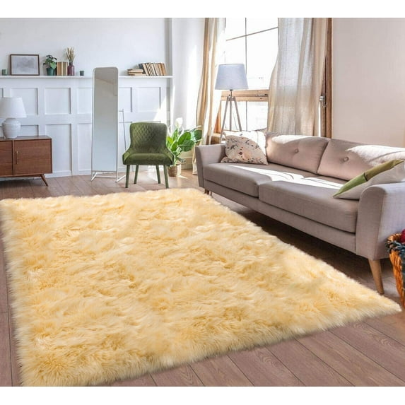 Sanmadrola 9x12 Feet Shag Area Rugs, Ultra Soft Indoor Modern Nursery Rug,Beige Yellow Plush Shaggy Throw Carpets for Boy and Girls Room Dorm Living Room
