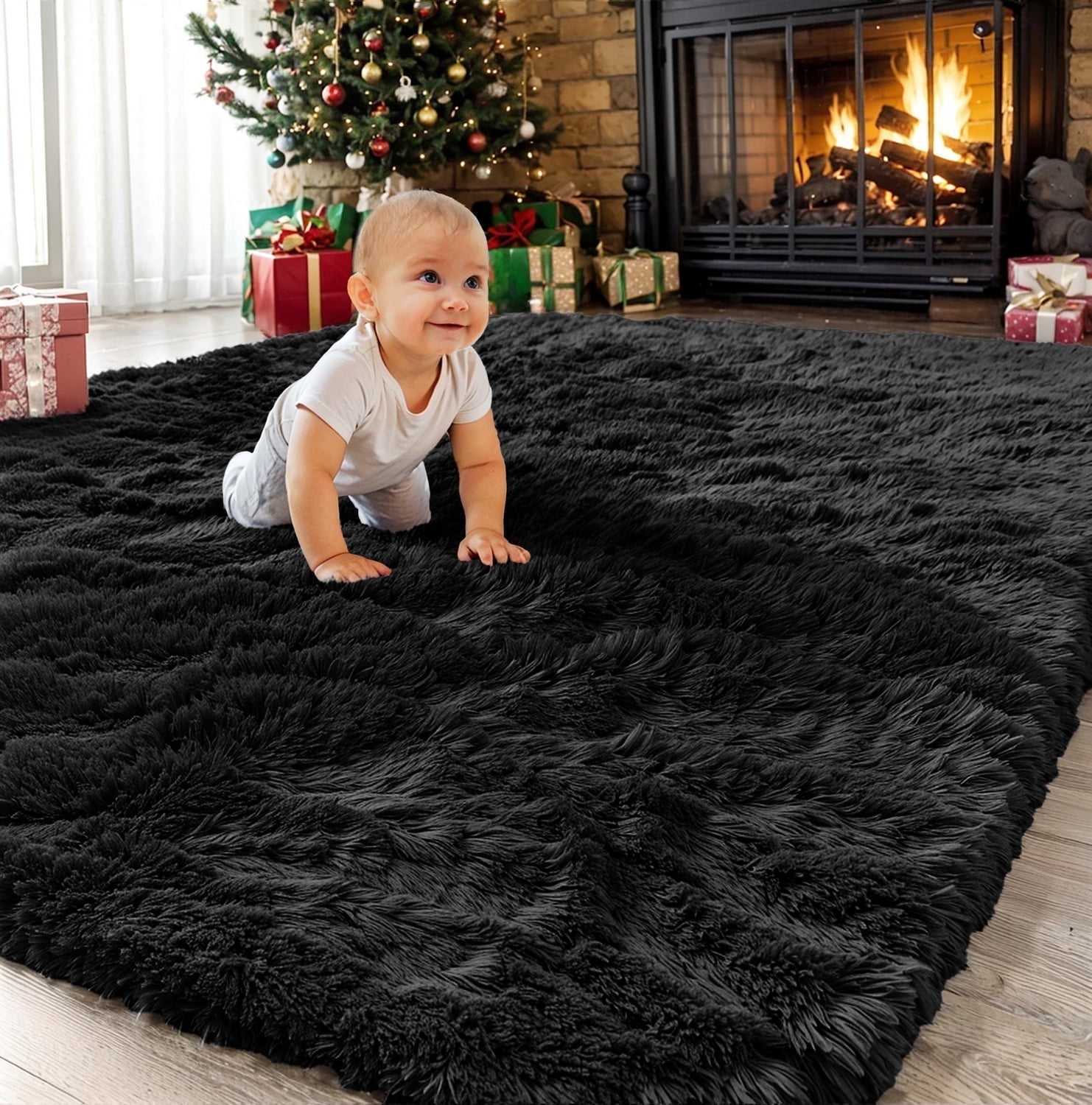Large SANMADROLA Faux Fur Microfiber Area Rug, 6.5'X7.5', Black - Plush Rug for Bedroom, Living Room, Nursery