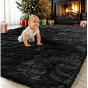 Sanmadrola Area Rug for Bedroom 8x10 Fluffy Shag Rug for Living Room,Furry Carpet for Kids Room,Shaggy Throw Rug for Nursery Room,Fuzzy Plush Rug,Black Carpet,Rectangle,Cute Room Decor for Baby