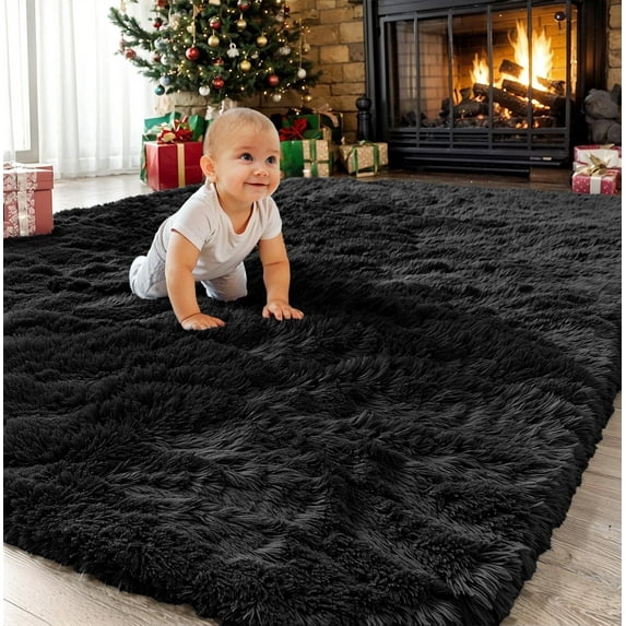 Sanmadrola Area Rug for Bedroom 8'x10' Fluffy Shag Rug for Living Room,Furry Carpet for Kids Room,Shaggy Throw Rug for Nursery Room,Fuzzy Plush Rug,Black Carpet,Rectangle,Cute Room Decor for Baby