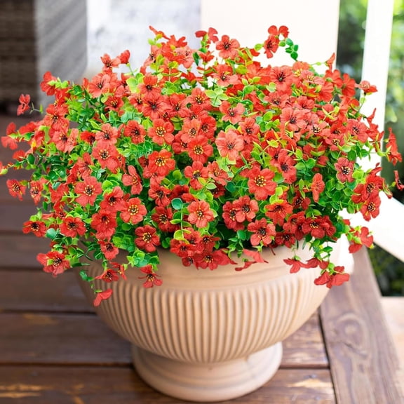 Sanmadrola Artificial Flowers for Outdoor Indoor Garden Home Decoration, Faux Flower Daisy with Eucalyptus Leaves Fake Plants Greenery Boxwood Porch Patio, 12 Bundles Red