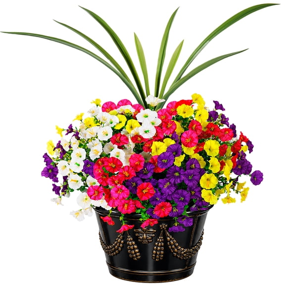 DAKIMOE Artificial Flowers for Outdoors Fake Plants Outside Uv Resistant 12 Bundles Silk Morning Glory & Orchid Leaf Fake Flowers for Porch Planter Garden Patio Yard Decor, Mixed Color