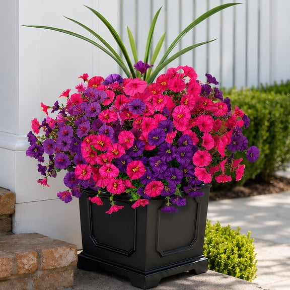 DAKIMOE Artificial Flowers for Outdoors Fake Plants Outside Uv Resistant 12 Bundles Silk Morning Glory & Orchid Leaf Fake Flowers for Porch Planter Garden Patio Yard Decor, Purple Magenta