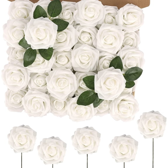 Sanmadrola Artificial Rose Artificial Flowers Foam Fake Roses with Stems for DIY Wedding Bouquets White Bridal Shower Centerpieces Arrangements Party Tables Decorations