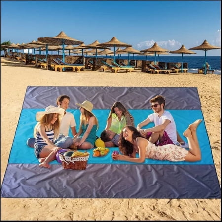 Sanmadrola Beach Blanket Sandproof, Extra Large Beach Mat, Big & Compact Sand Free Mat Quick Drying, Lightweight & Durable with 4 Stakes 9x9.8 ft for 4-8 Adults