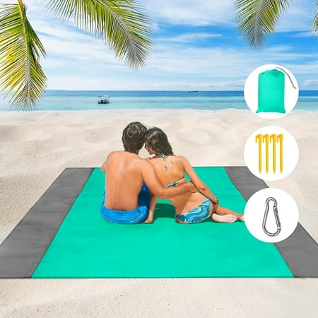 Sanmadrola Beach Blanket Sandproof, Extra Large Beach Mat, Big & Compact Sand Free Mat Quick Drying, Lightweight & Durable with 4 Stakes 6.5x6.5 ft for 1-3 Adults