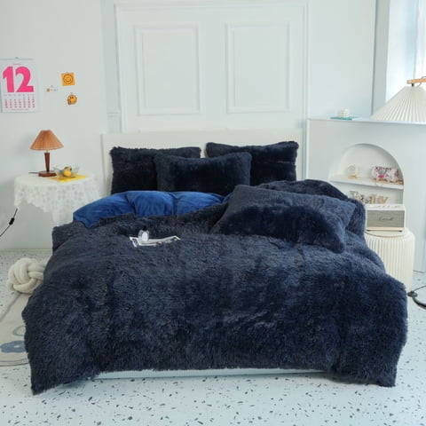 Sanmadrola Bedding Comforter Sets Bed in a Bag King Size Shaggy Plush Faux Fur Fluffy Bedding Sets Duvet Cover Soft Velvet Fuzzy Quilt Cover with 2 Pillow Cover Navy Blue